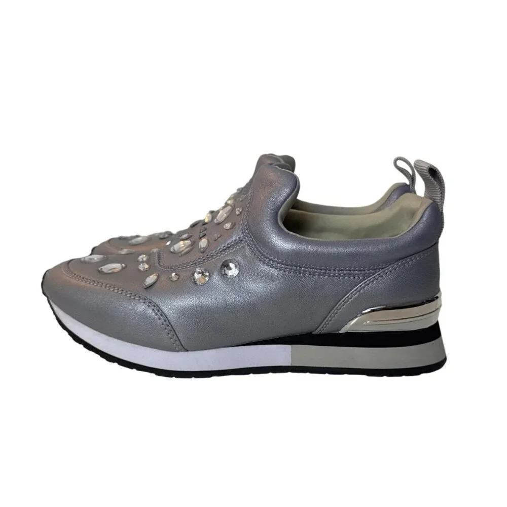Tory Burch Silver Slip-On Sneakers With Embellished Details & Metallic Accents S